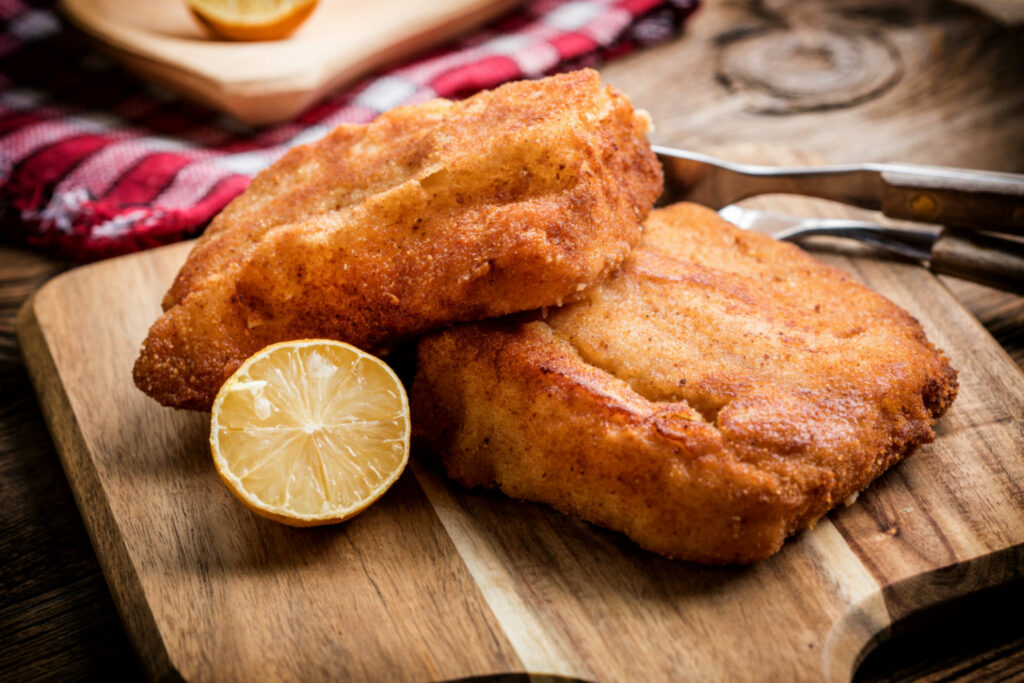 two fried cod fillet pieces.