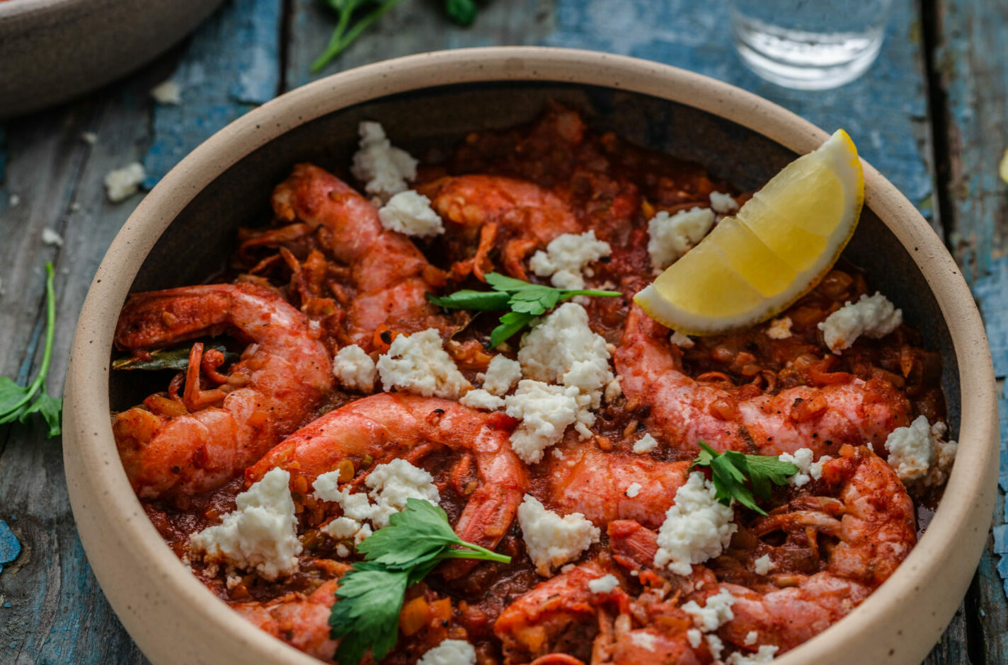 prawn in tomato sauce with feta cheese, greek cuisine